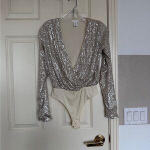 H&M Silver and Cream Sequin Bodysuit